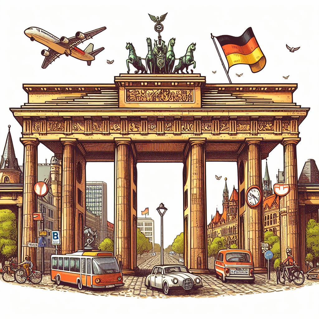 A drawing of an arch in Germany showing a plane flying over it